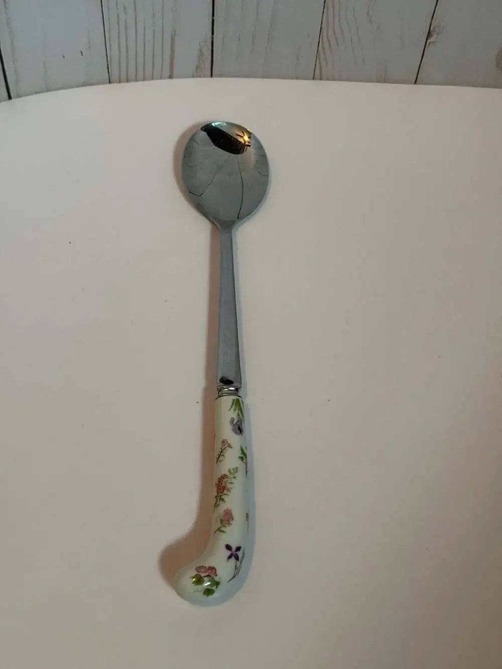 Vintage Sheffield England Serving Spoon, Porcelain Floral Handle
